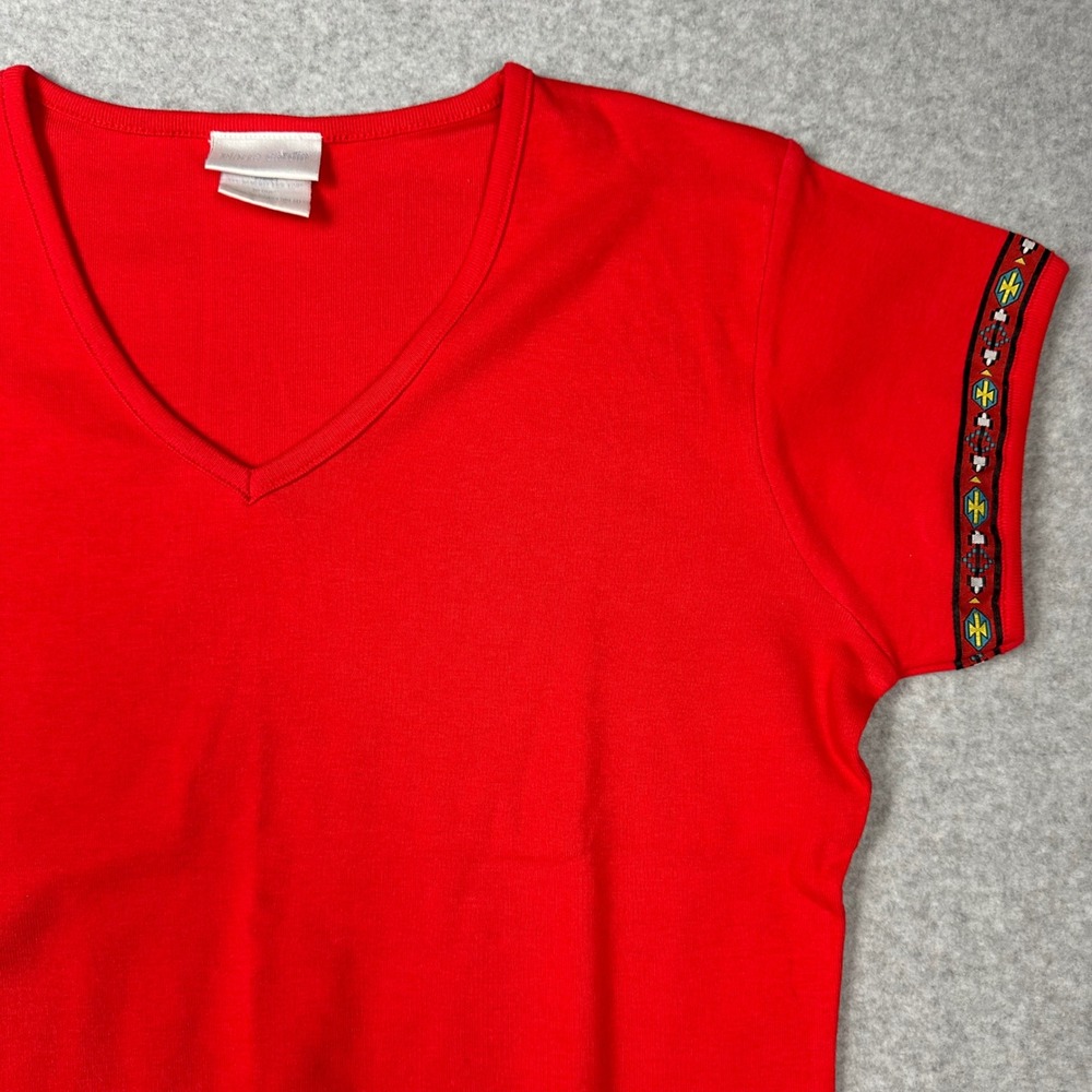 90s Pierre Cardin Womens Red V-Neck Ribbed Knit Short Sleeve‎ Top Embroidered XL